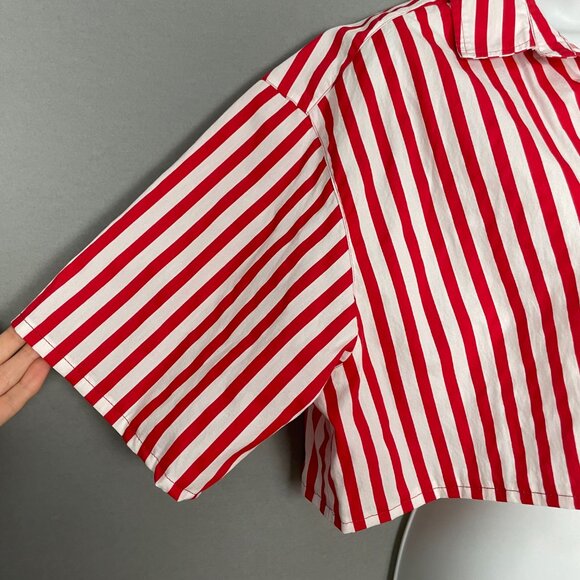 Zara Top Red White Stripes DIY Cropped Boxy Short Sleeves Button-Up Pocket - Picture 6 of 9